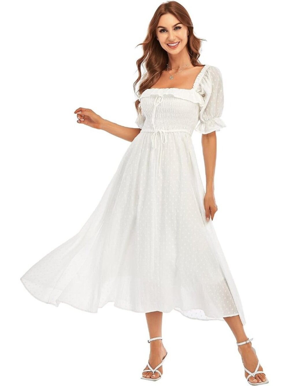 R. Yiposha XXL Swiss Dot White Peasant Smocked Ruffle Midi Dress Cottagecore